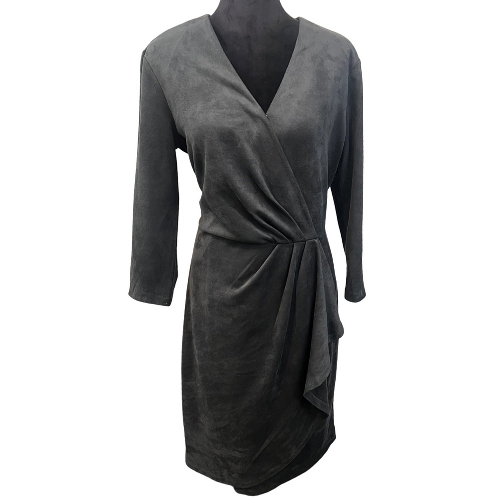 J.McLaughlin Gray Faux Suede Surplice Wrap Sheath Dress Long Sleeve Large - Picture 2 of 8